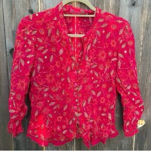 Johnny Was Embroidered Pink Floral Button-Up Top SZ Medium